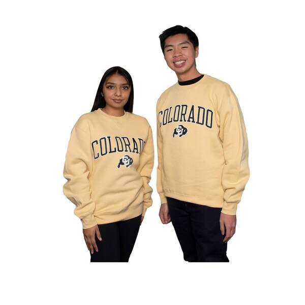 A Vegas Gold crewneck sweatshirt with arched COLORADO lettering and a C-U Buffalo logo.